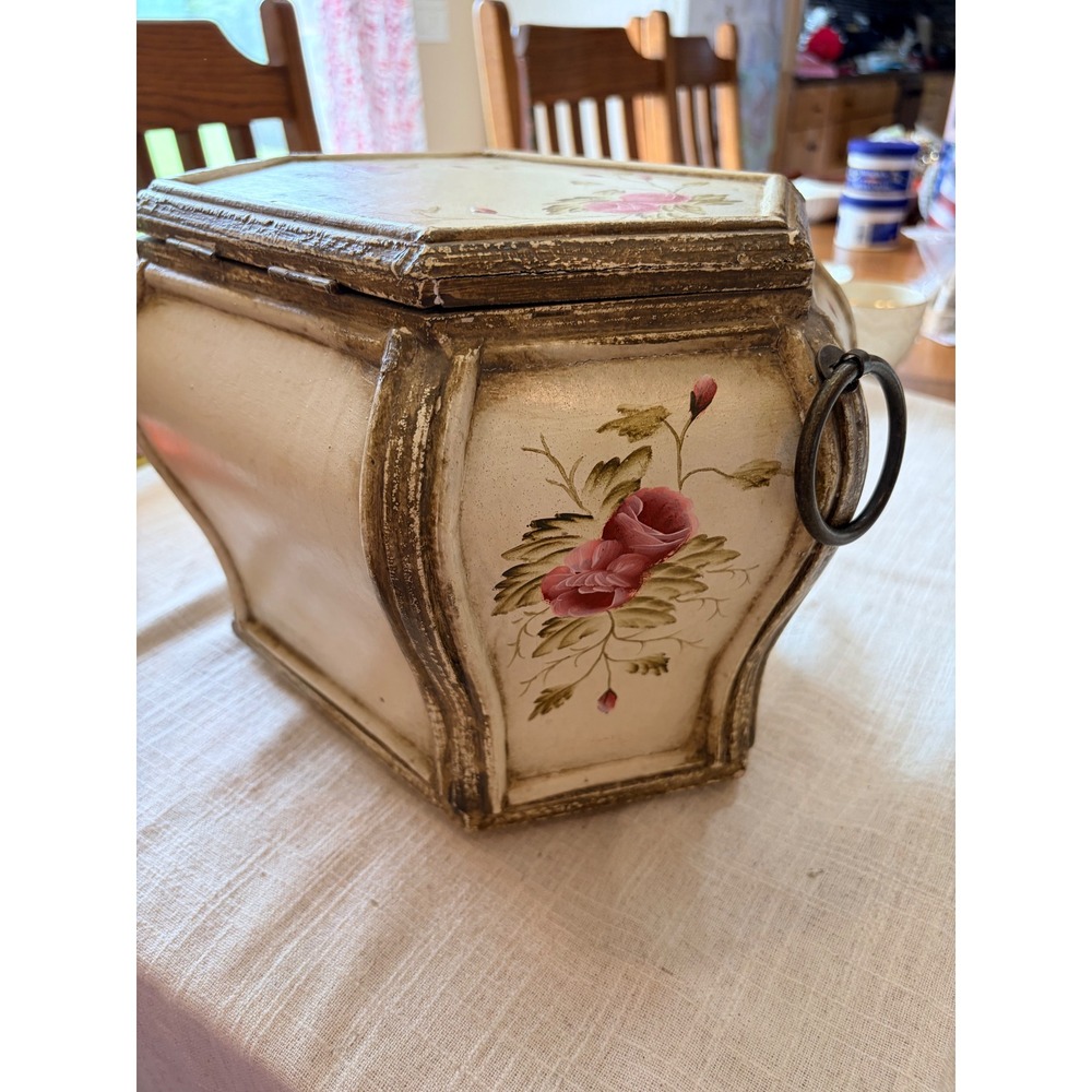 Vintage Style Hexagon Wood Keepsake Box Hand Painted Floral Roses Shabby Chic